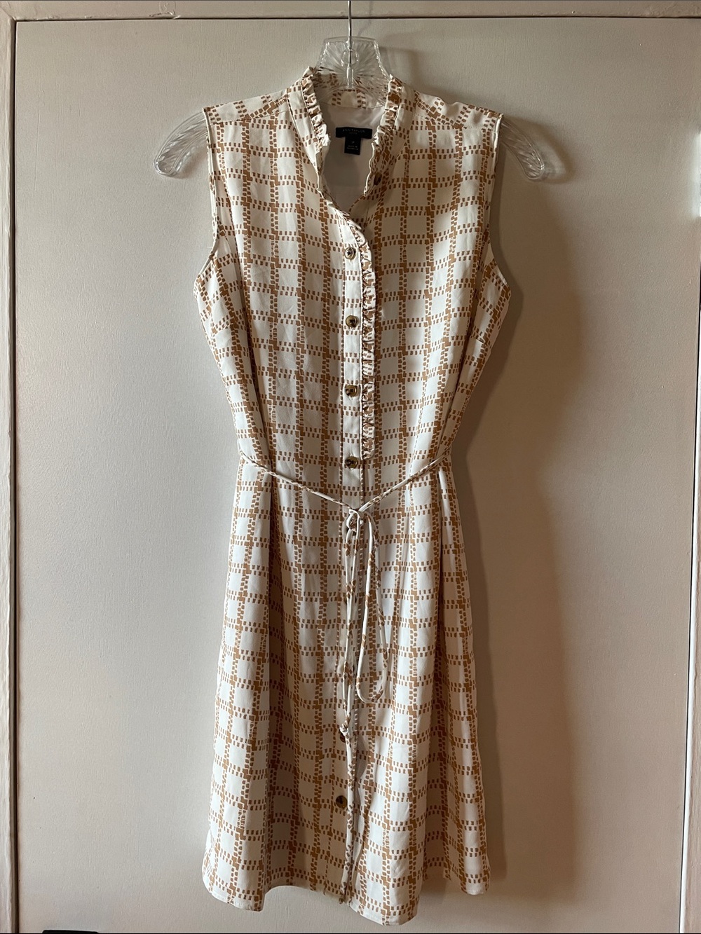 Sleeveless Button-Front Check Mini Dress in White and Tan